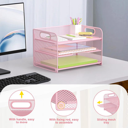 Samstar 3 Tier Letter Tray Paper Organizer with Handle, Mesh Desk Organizer Paper Sorter File Rack Shelves, Black
