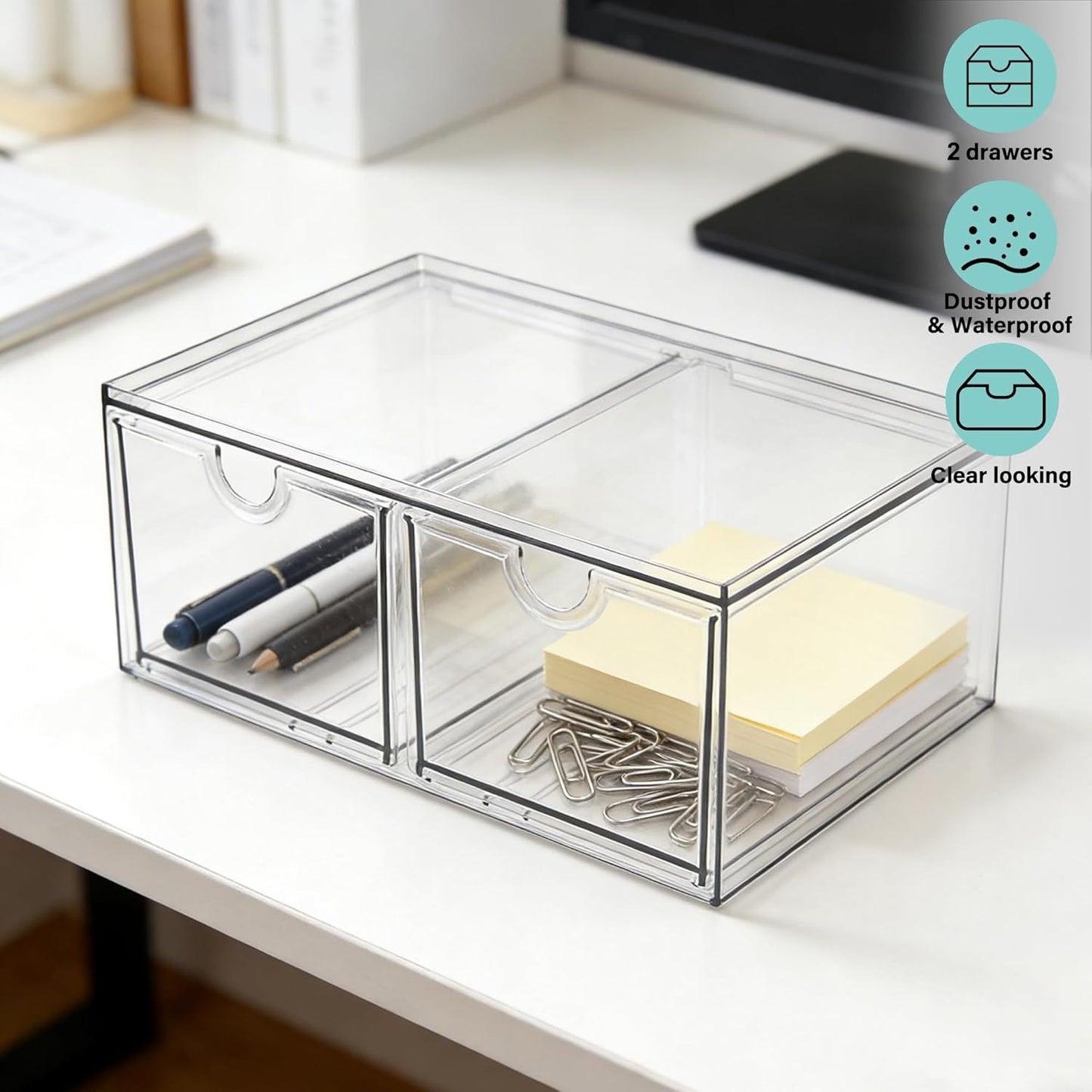 Prsildan Acrylic Makeup Organizer, 2 Pack Stackable Storage Drawers with 6 Drawers for Office Desk Vanity Craft Room Clear Drawer Organizers for Hair Accessories Art Supplies Cosmetics Modular System