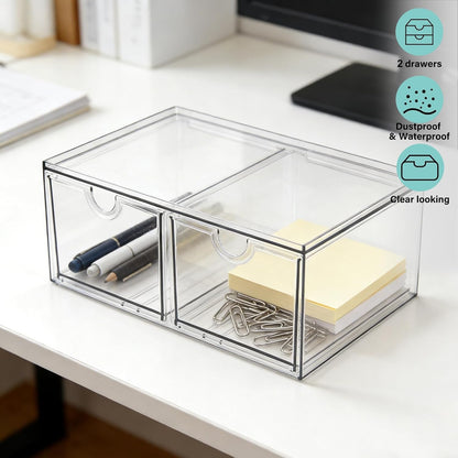 Prsildan Acrylic Makeup Organizer, 2 Pack Stackable Storage Drawers with 6 Drawers for Office Desk Vanity Craft Room Clear Drawer Organizers for Hair Accessories Art Supplies Cosmetics Modular System