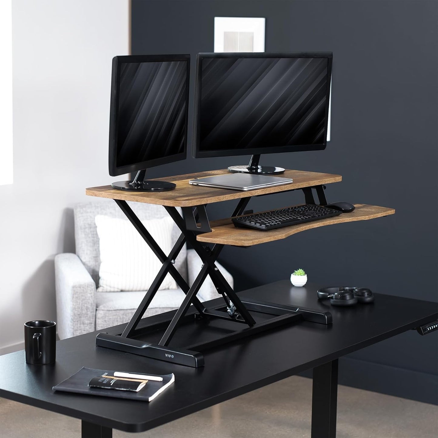 VIVO 26 inch Desk Converter, K Series, Height Adjustable Sit to Stand Riser, Dual Monitor and Laptop Workstation with Keyboard Tray, Black, DESK-V026KB