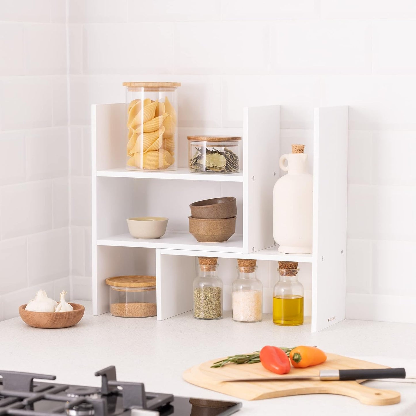 Navaris Desk Organizer Shelf Unit - Desktop Shelves for Table or Countertop - Free-Standing Adjustable Bamboo Shelving for Kitchen or Office - White