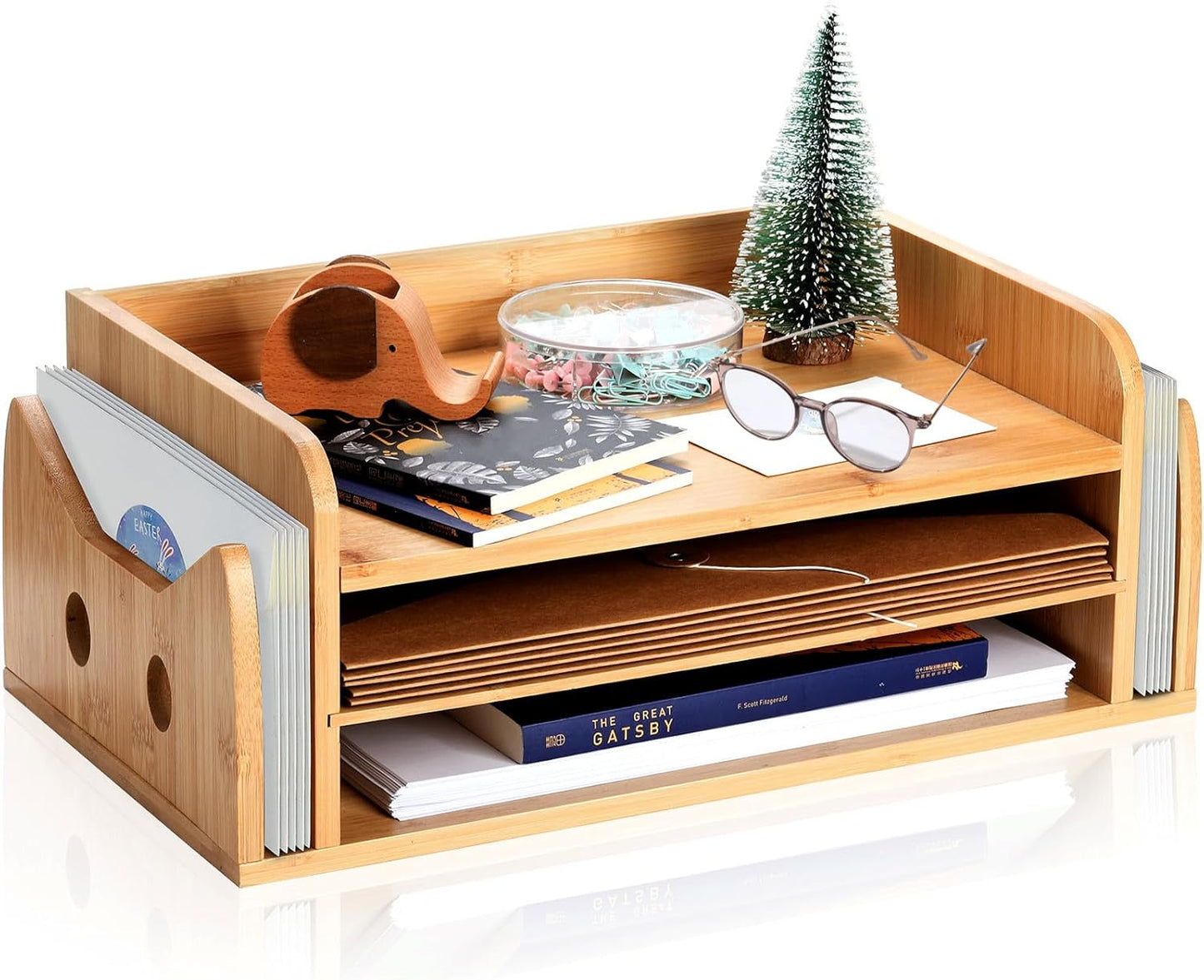 ZOOFOX 3-Tier Paper Letter Tray, Wood Letter File Folder Holder with 3 Trays and 2 Vertical Section, Cute Cat-Shaped Paper Tray for Home Office School