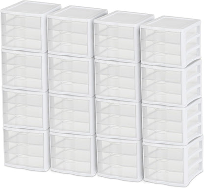 Sterilite 4-Pack 3 Drawer Unit, Stackable Plastic Organizer with Drawers, White Frame - Multi-Purpose Countertop Storage Containers for Office Supplies, Craft Rooms, Classrooms and Home Organization