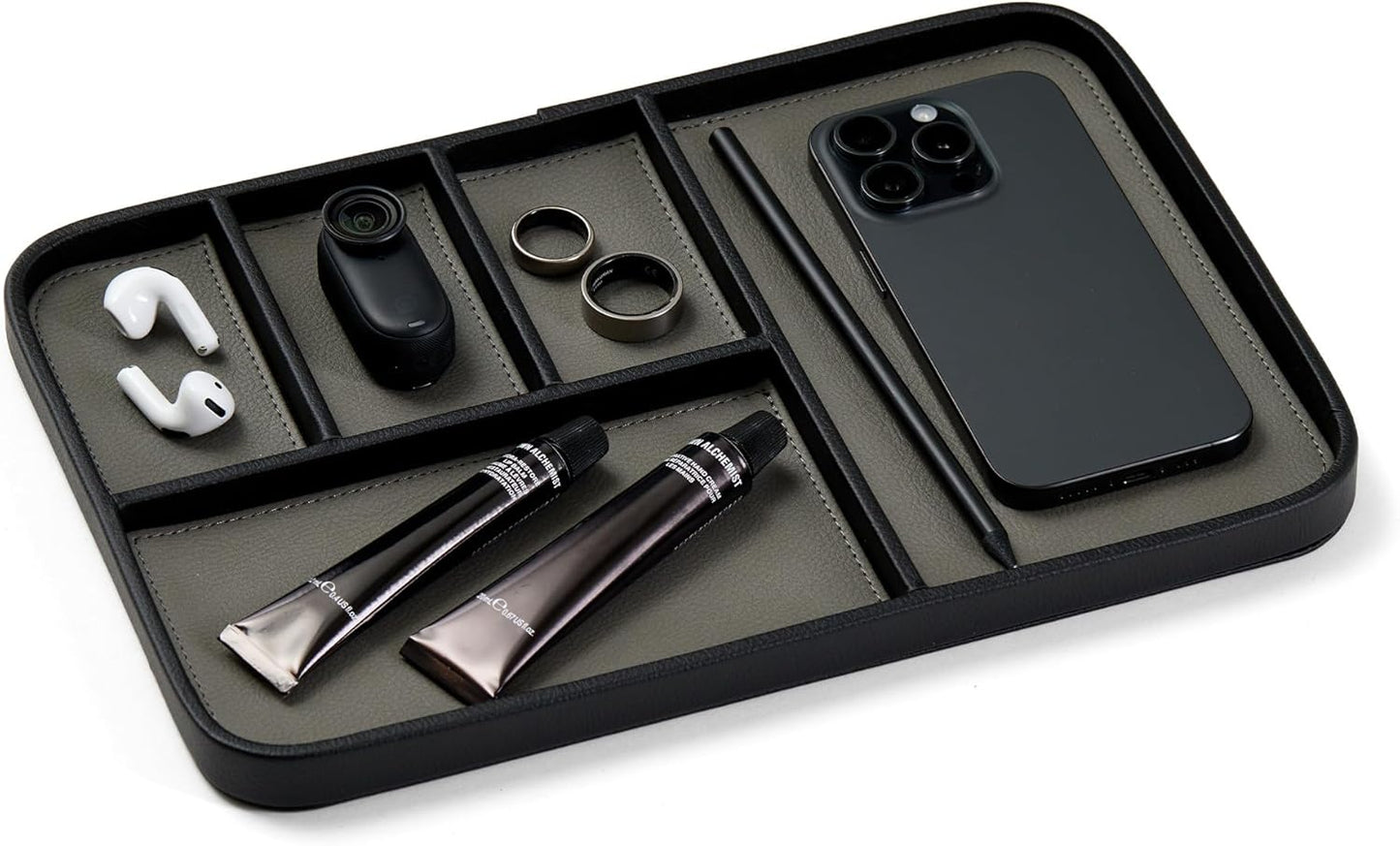 Nordik Leather Valet Tray - Pebble Black - 9.5 x 7.9 Inch Medium Vegan Leather Tray - Stylish Nightstand Organizer for Men - Modern Bedside Caddy - EDC Catchall for Key Watch Wallet Jewellery