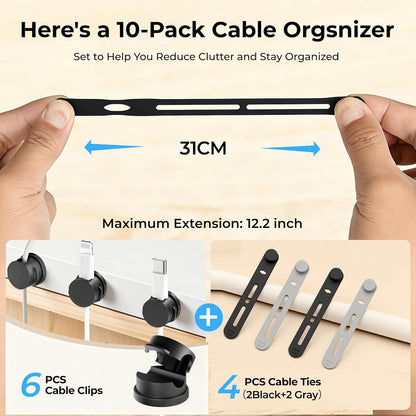 360° Rotatable Cord Organizer Set, 10 Pack Cable Holders & Silicone Cable Straps, Adhesive Wire Fixer for Desk Phone Charger, Nightstand Cable Management for Home Travel Office Accessories Black