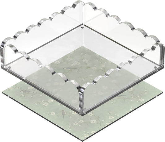 GRAHAM DESIGN 8x8 Scalloped Acrylic Tray with Magnetic Mat – Clear Decorative Photo Display Tray & Jewelry Organizer, Anti-Slip Vanity Tray for Home Office Desk Decor, Modern Gift