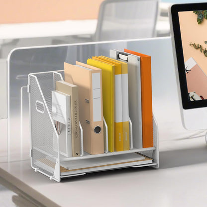 Desk File Folder Holder Organizer-5 Vertical Compartments Racks and Paper Letter Tray,Mesh Magazine File Holder Sorter,Desktop Accessories & Workspace Organizers for Home,Office,School-Black