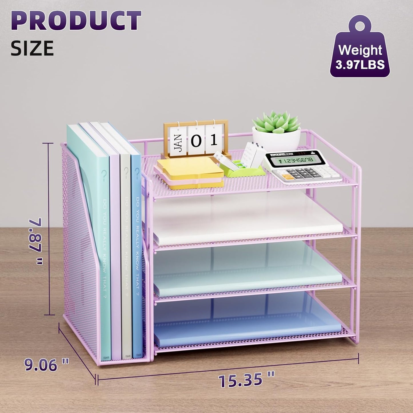 Marbrasse Desk Organizer and Accessories，4-Tier Paper Letter Tray Organizer with File Holder，Desk Accessories & Workspace Desktop Organizers for School Home Office Supplies (Blue)