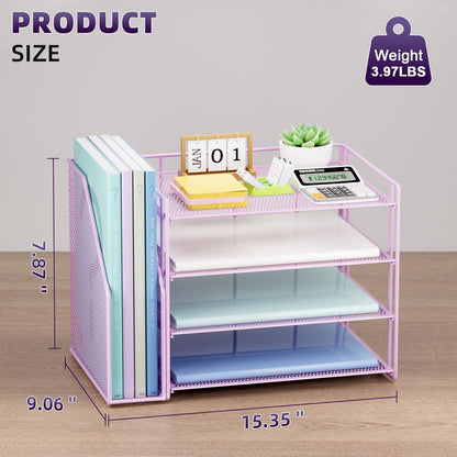Marbrasse Desk Organizer and Accessories，4-Tier Paper Letter Tray Organizer with File Holder，Desk Accessories & Workspace Desktop Organizers for School Home Office Supplies (Blue)