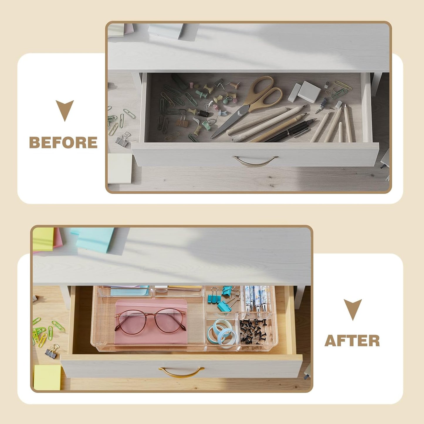 Briwooody 3 Pcs Clear Acrylic Desk Drawer Organizer 13.7 x 8.7 x 2 Inch Drawer Organizer Trays with 8 Compartments Desk Accessories for Office Makeup Silverware Bathroom