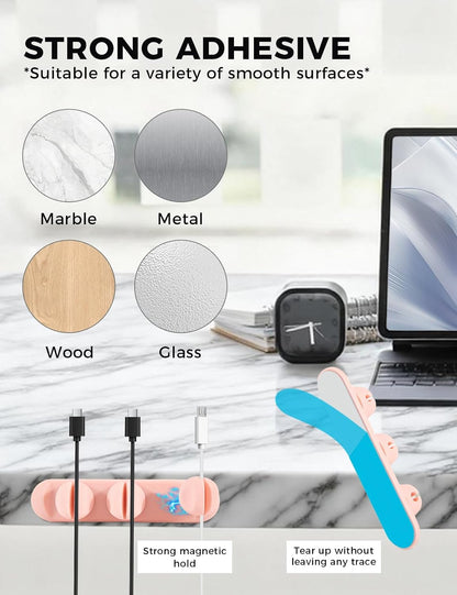 Magnetic Silicone Cable Clips with No-Residue Strong Adhesive – Desk, Under-Desk, Nightstand, Wall, Car, Office & Home Cord Organizer for Cable Management - Black