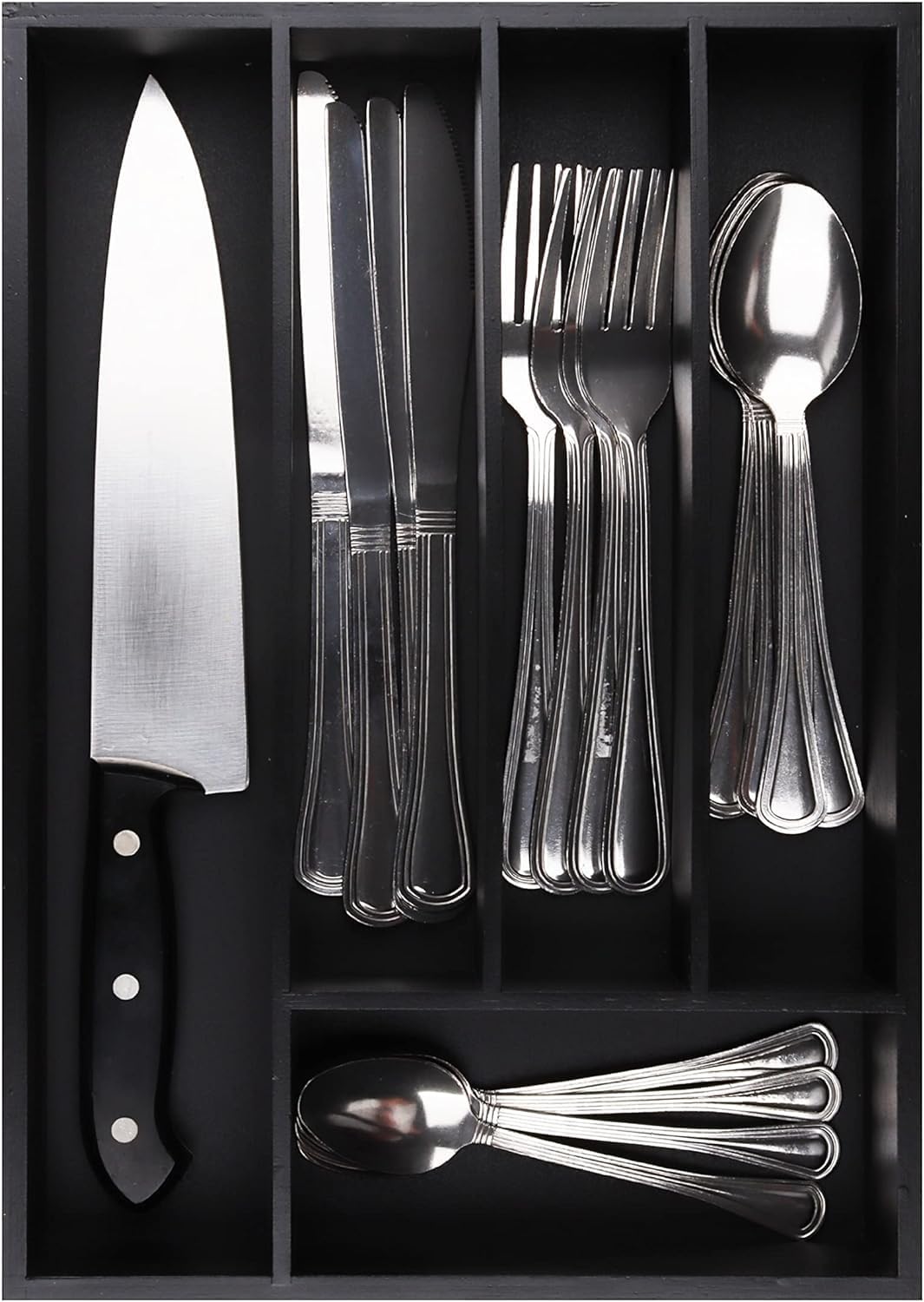 Pristine Bamboo Expandable Drawer Organizers for Kitchen - Extra Deep Non-Slip 17” x 14.6” (expands up to 25 inches) - Dark Wooden Silverware Divider (10 Compartments) – Organize Cooking Utensils