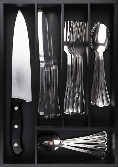 Pristine Bamboo Expandable Drawer Organizers for Kitchen - Extra Deep Non-Slip 17” x 14.6” (expands up to 25 inches) - Dark Wooden Silverware Divider (10 Compartments) – Organize Cooking Utensils