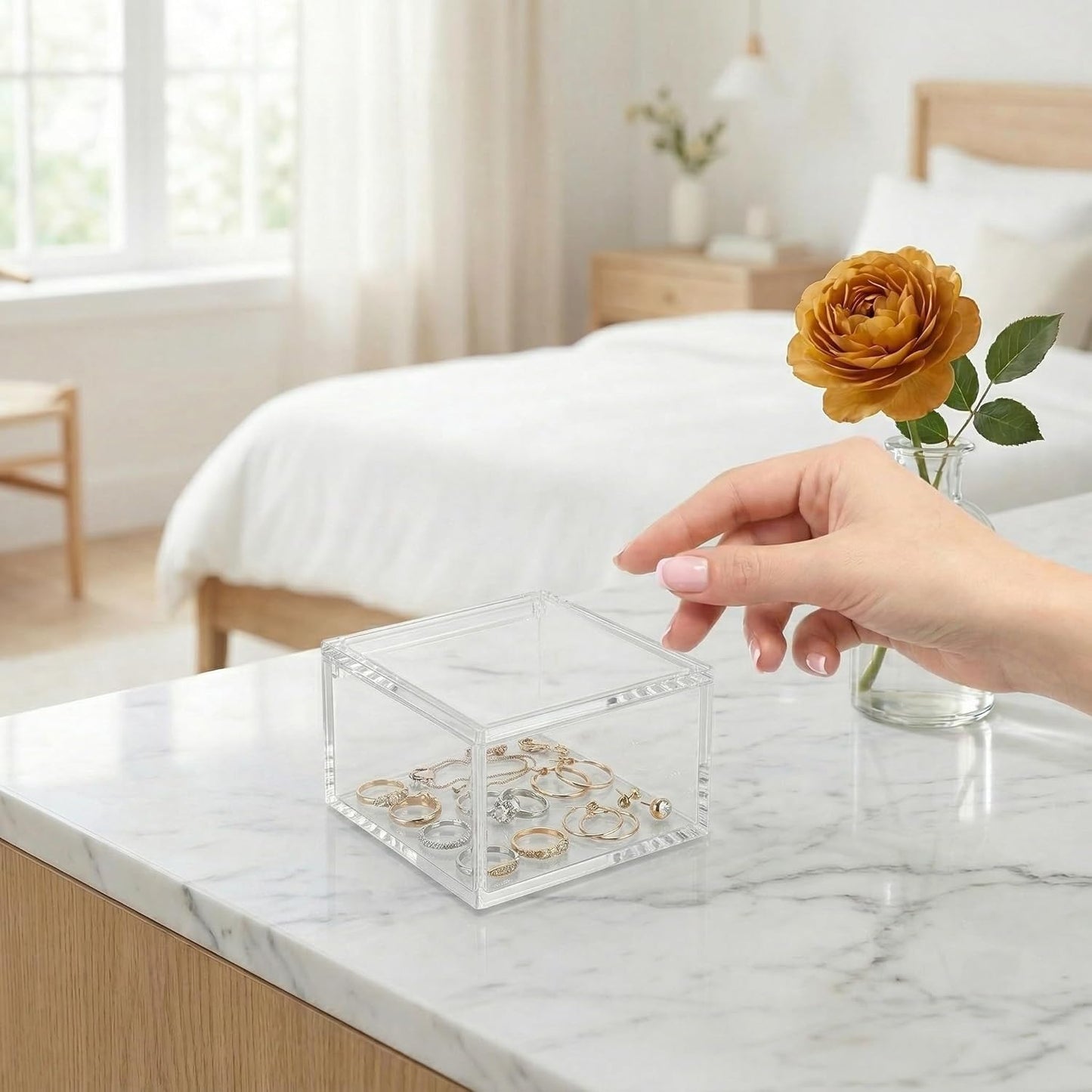 Small Acrylic Box with Lid for Paper Clips Rubber Bands Sticky Notes Hair Ties Clear Plastic Organizer Container for Desk Drawer Office Supplies Bathroom Accessories Clip and Tie Holders