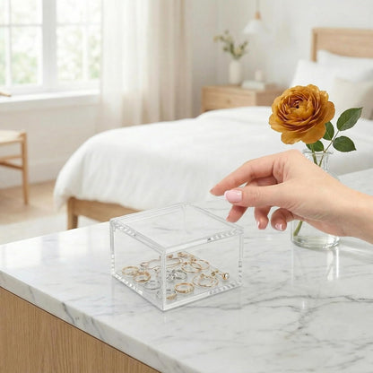 Small Acrylic Box with Lid for Paper Clips Rubber Bands Sticky Notes Hair Ties Clear Plastic Organizer Container for Desk Drawer Office Supplies Bathroom Accessories Clip and Tie Holders