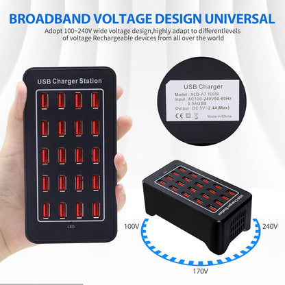 100w 24(20A) Port, USB Fast Charging Station,Travel Desktop USB Rapid Charger,Multi Ports Charging Station Organizer Compatible with Smartphones,Tables,and More Devices