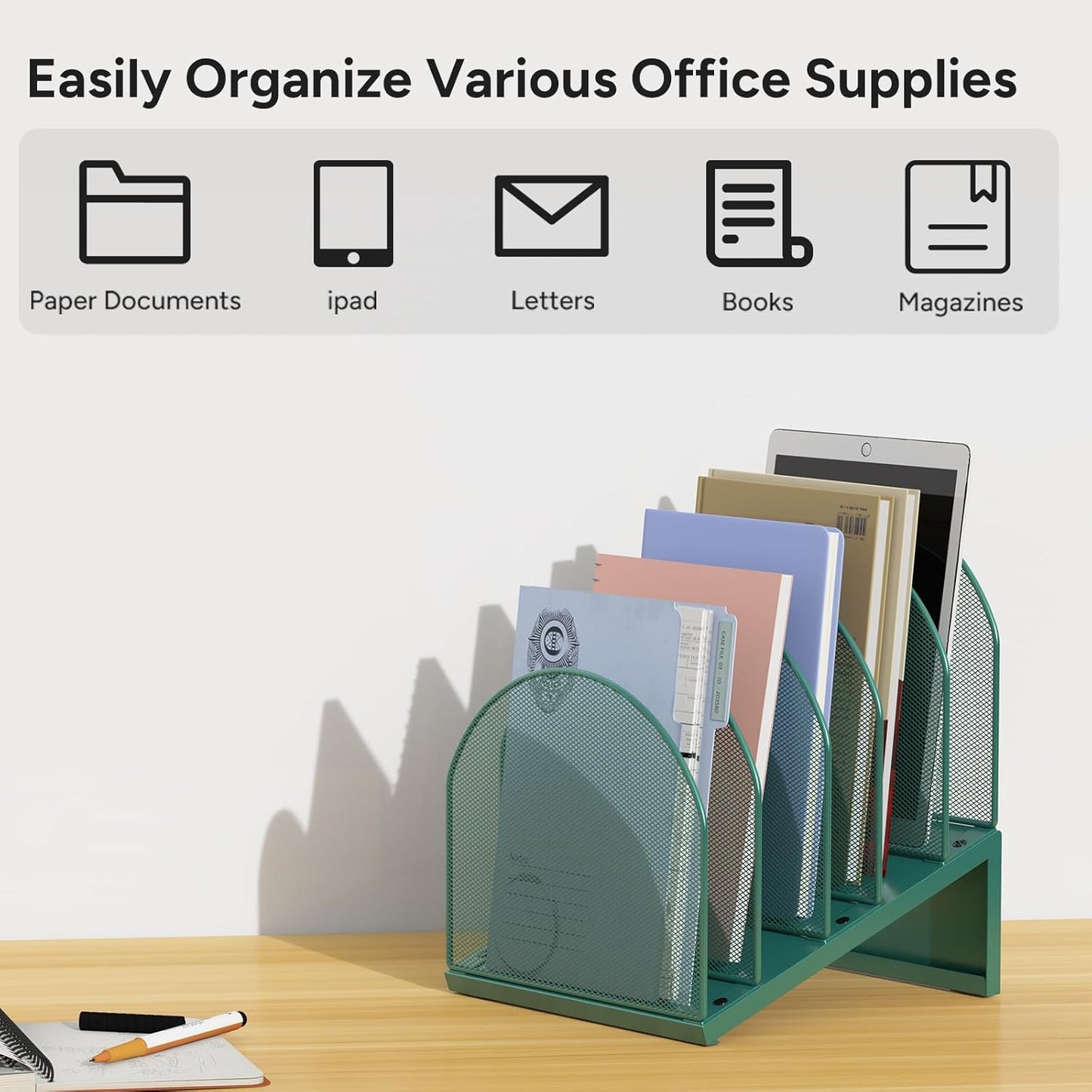 5-Section Desk File Organizer, Metal Mesh Folder Organizer for Documents, Mail & Office Papers (Black)