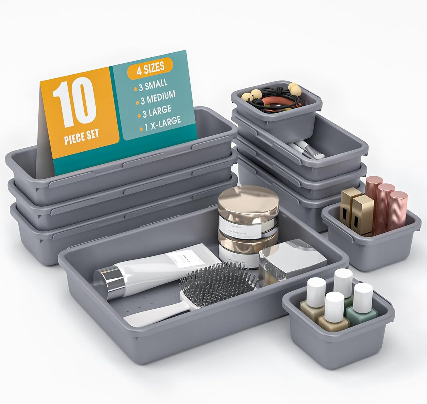 StoreHappily 10 PCS Drawer Organizer Set, 4 Size Makeup Drawer Divider Organizer With Non-Slip Pads, Interlocking Plastic Storage Bins for Office,Jewelry Vanity,Gadgets, Bathroom,Kitchen, Black
