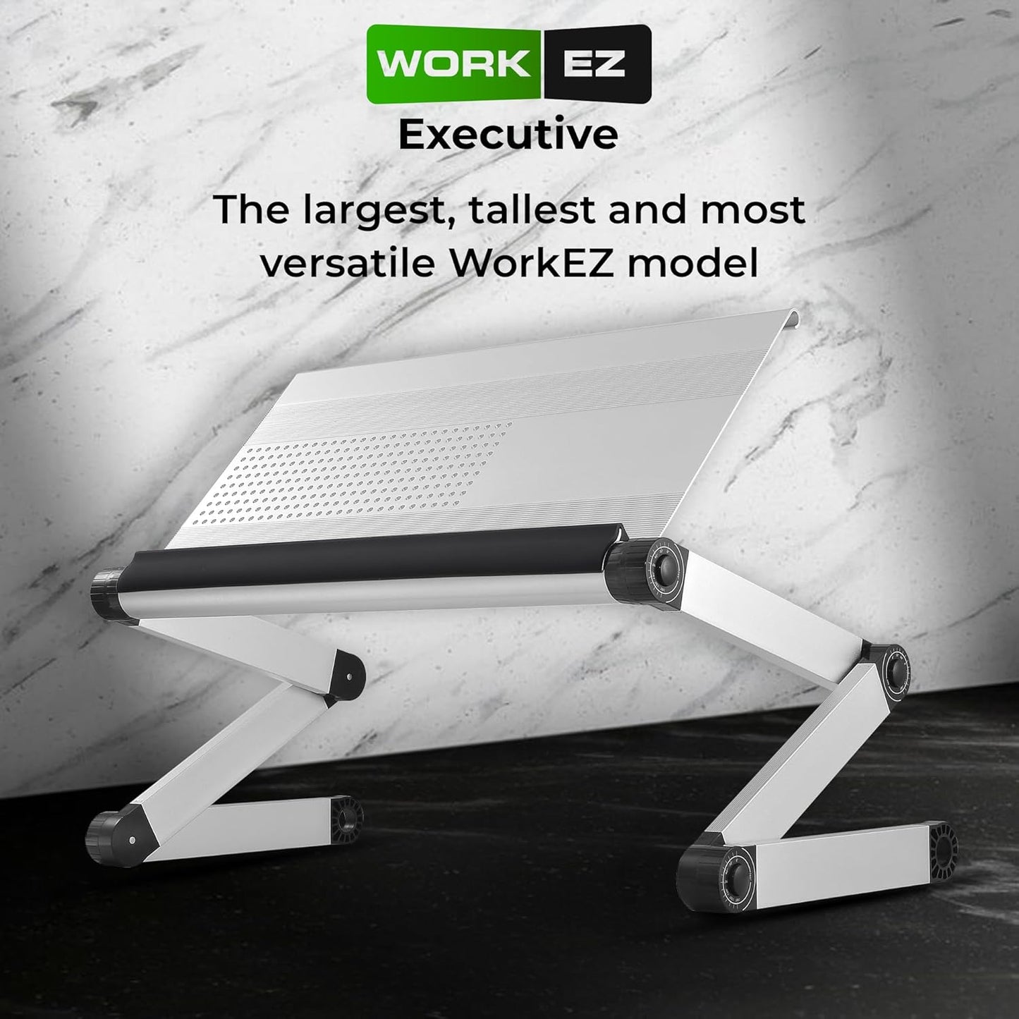 WorkEZ Executive Adjustable Ergonomic Laptop Cooling Stand & Lap Desk for Bed Couch folding aluminum desktop computer riser tray height tilt angle portable macbook cooling reading monitor,Black