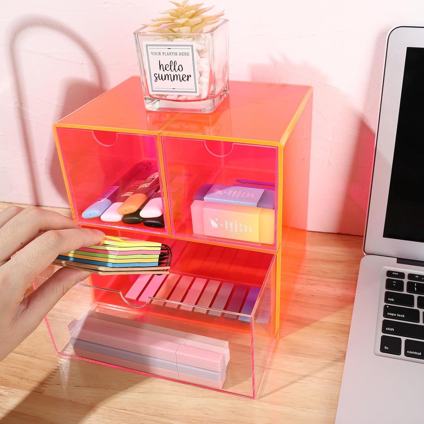 Gelite Desk Organizer with 3 Storage Drawers for Makeup Office Acrylic Desktop Drawer Organizer for Vanity Office Organization and Storage Box, Neon Pink