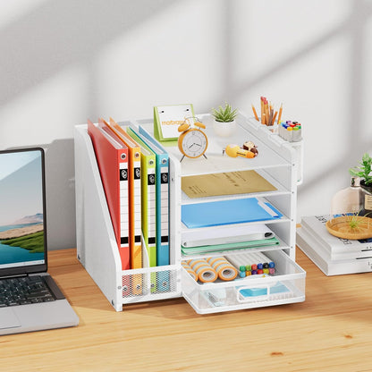 Marbrasse Desk Organizer with File Holder, 5-Tier Paper Letter Tray Organizer with Drawer and 2 Pen Holder, Mesh Desktop Organizer and Storage with Magazine Holder for Office Supplies(Black)