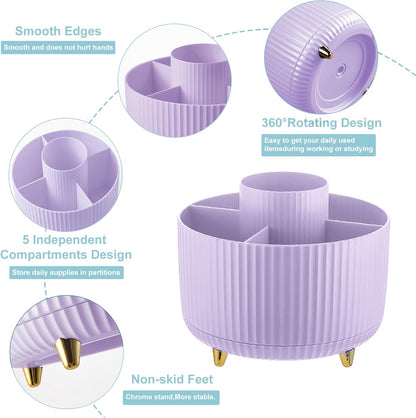Cayxenful Pencil Holder For Desk,5 Slots 360°Degree Rotating Desk Organizers And Accessories,Desktop Storage Stationery Supplies Organizer, Cute Pencil Cup Pot For Office, School, Home (B-White)