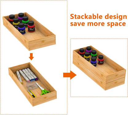Bamboo Kitchen Drawer Organizer,Stackable Silverware Tray Utensil Organizer Cutlery Holder for Kitchen,Wooden Storage Box for Bathroom, Multi-Use Drawer Organizer for Office,Makeup(12x6x2.5 inch）