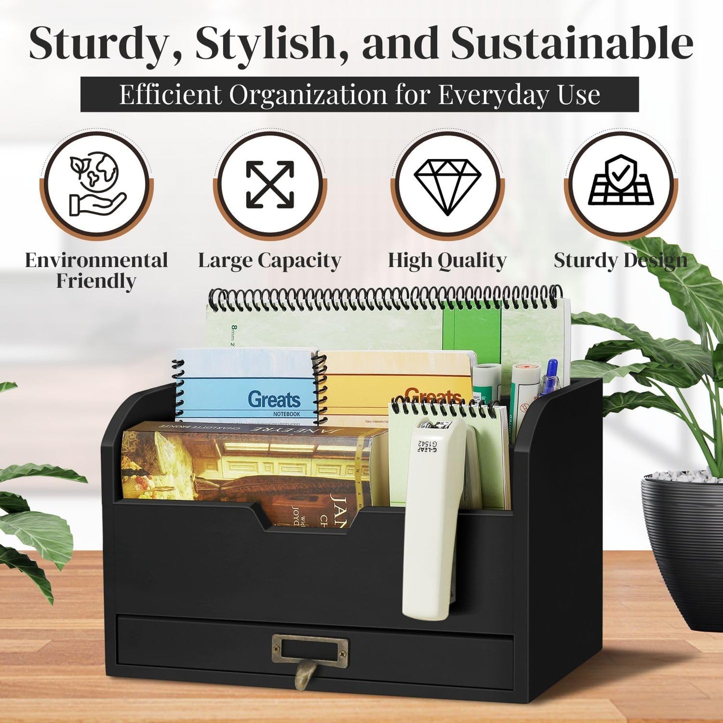 Flexzion 3 Tier Wooden Desk Organizer - Country Rustic Compartments Slot File Tray Pencil Sorter Shelf Holder Supplies Rack Accessories Set with Storage Drawer for Desktop Tabletop Office Home Brown