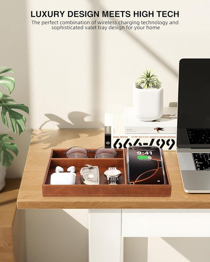 TopMade Wireless Charger Valet Tray, Father's Day Birthday Gifts for Dad, PU Leather Mens Jewelry Box for Iphone Charger, Desk Nightstand Organizer Charging Station Drawer Dresser Organizer(Brown)