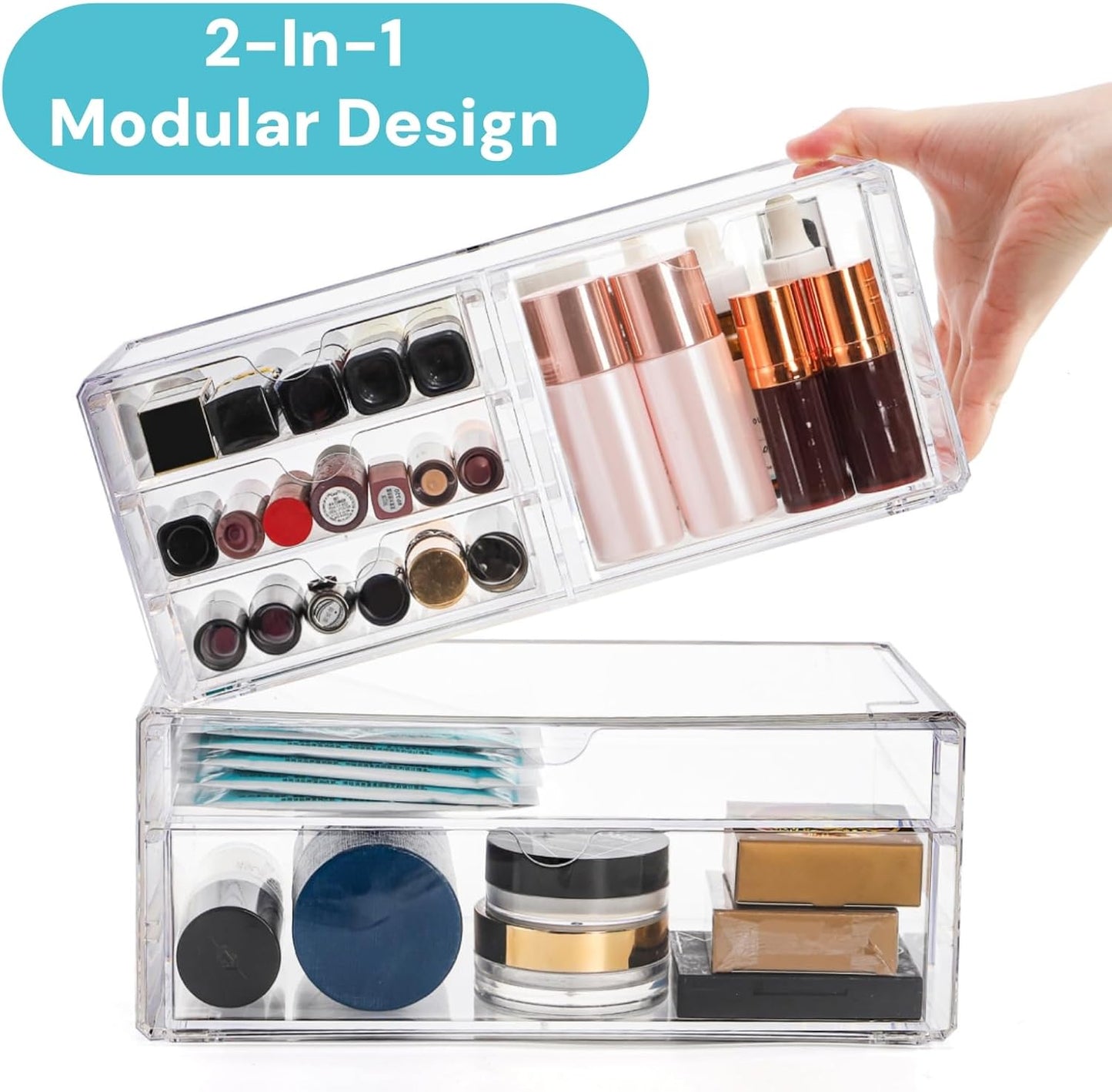 Acrylic Makeup Organizer with 6 Drawers, 11" Stackable Office Desk Organizer Accessories, Clear Bathroom Storage Drawers for Makeup Palettes, Cosmetics, Vanity, Art Craft Supplies