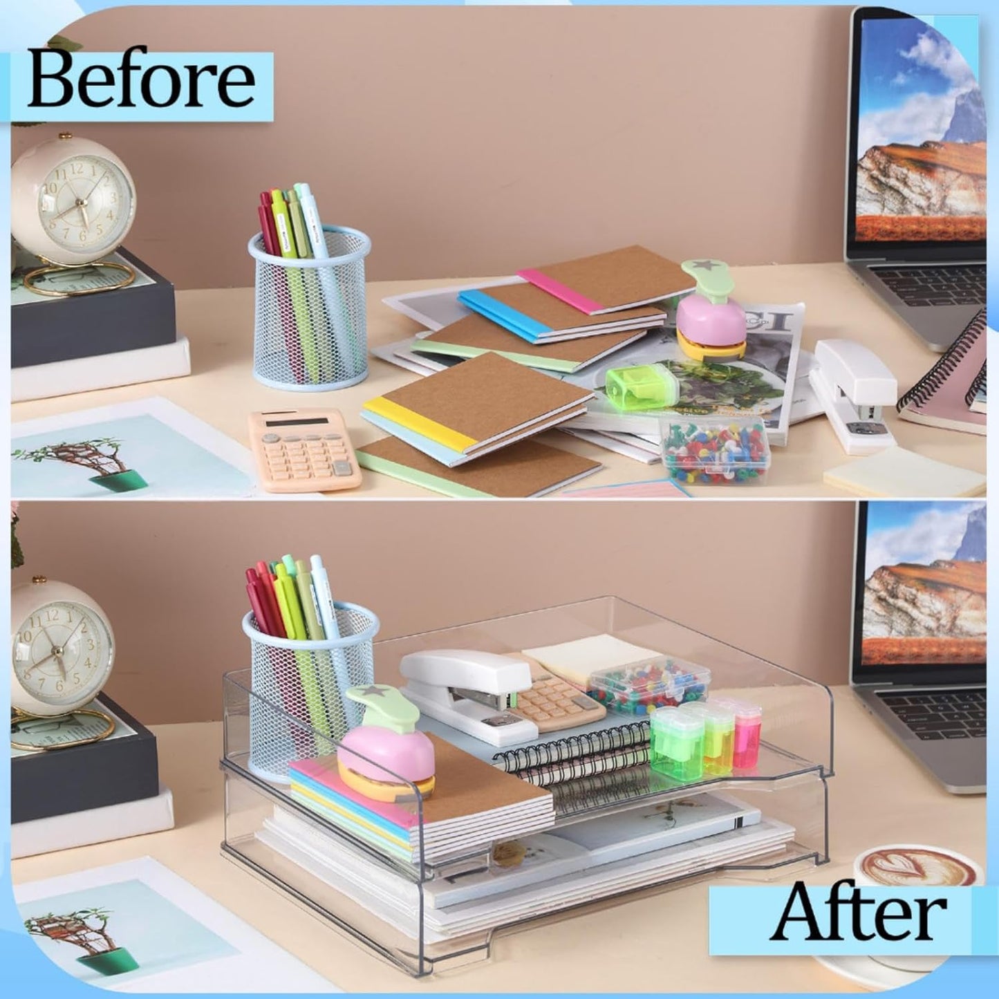 DoubleFill 12 Pcs Stackable Letter Tray Rectangular Plastic Desk Organizer 13 x 9.5 x 2.6 in Paper Holder File Tray Accessories Rack for Desktop Office Desk Drawers (Clear)