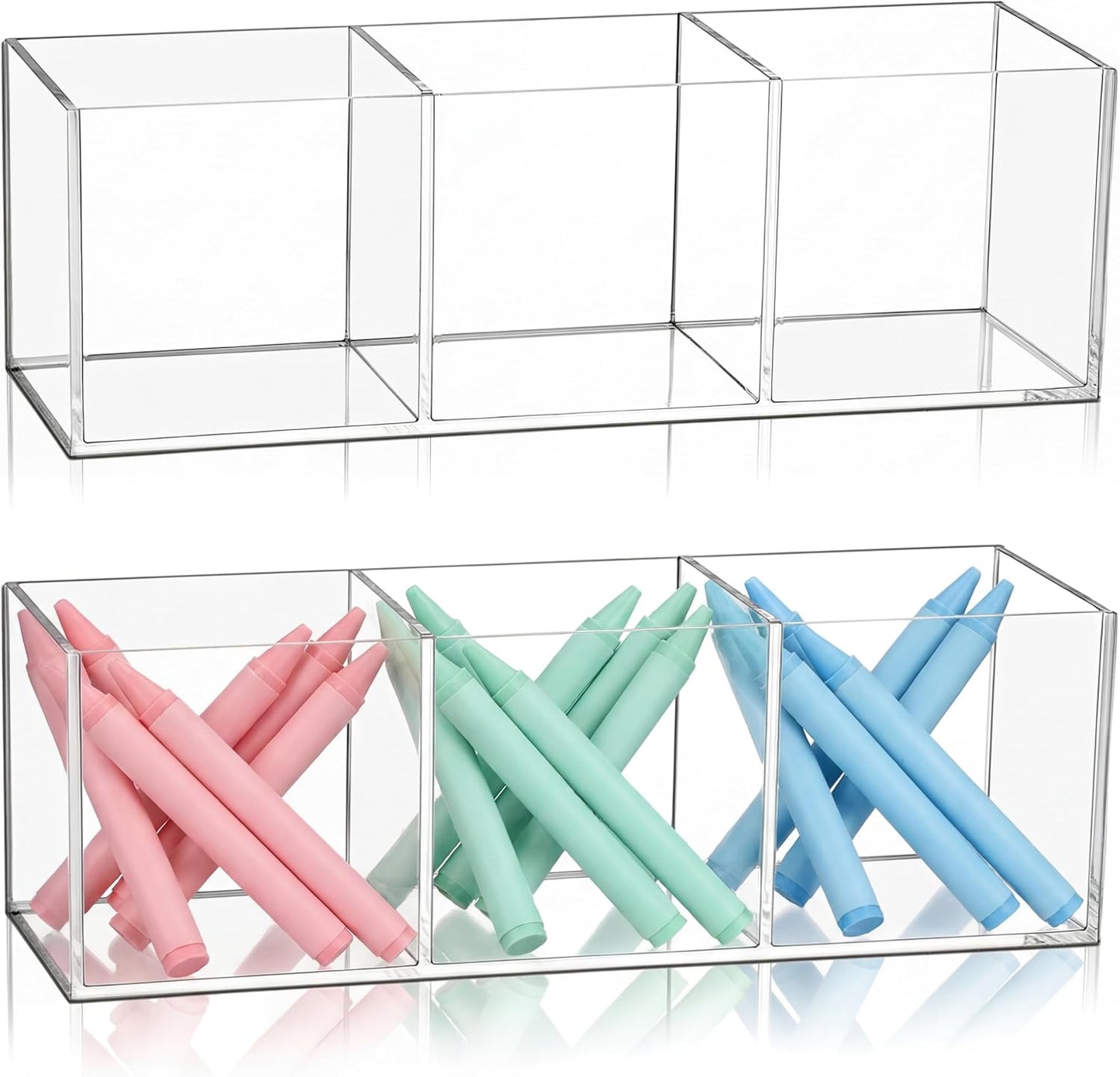 Epakh 2 Pieces Acrylic Cube Organizer 3 Compartments Clear Acrylic Pencil Holder Makeup Brush Drawer Organizer for Desk, Office, Vanity