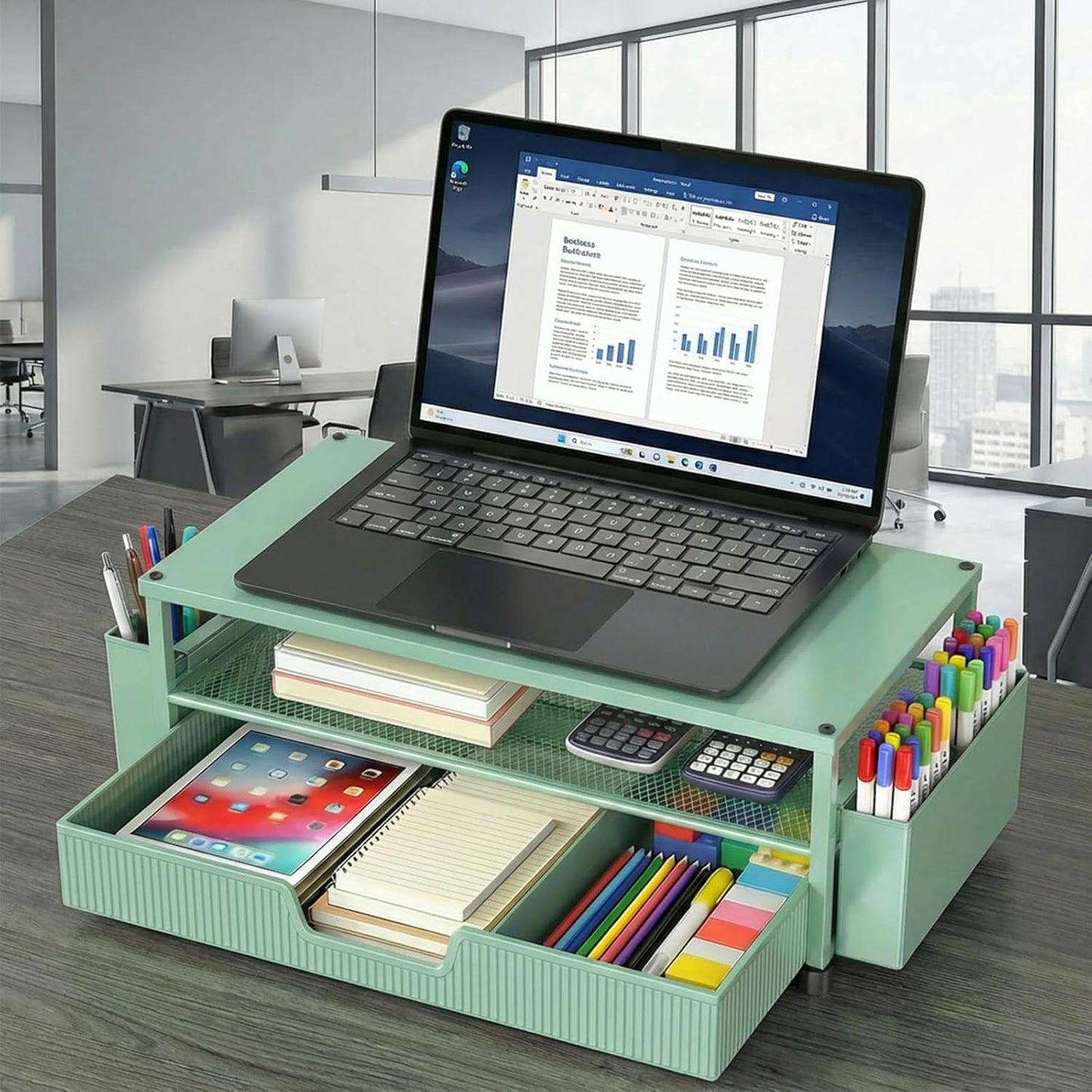 ECOLOVI Desk Organizer and Accessories, 2-Tier Computer Monitor Stand Rise with Storage Drawer & 2 Pen Holders, Laptop & Printer Stand for Desktop, Workspace Organizers for Office Supplies (Blue)