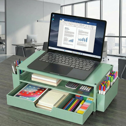 ECOLOVI Desk Organizer and Accessories, 2-Tier Computer Monitor Stand Rise with Storage Drawer & 2 Pen Holders, Laptop & Printer Stand for Desktop, Workspace Organizers for Office Supplies (Blue)