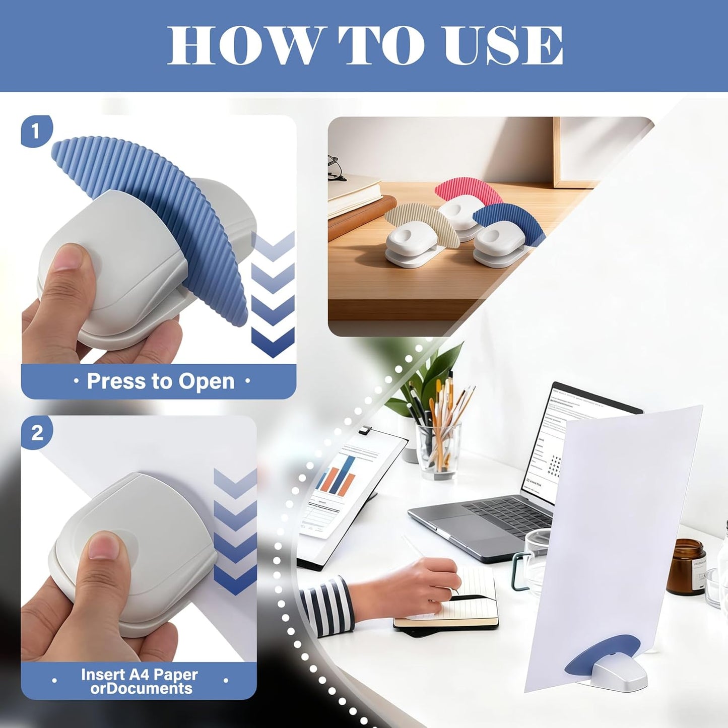 3 Pcs Paper Holder Stand for Typing – Non-Slip Desktop Document Holder with Anti-Slip Pads, Foldable Portable Copy Stand for A4 Paper, Office Reading & Writing (White, Blue, Red)