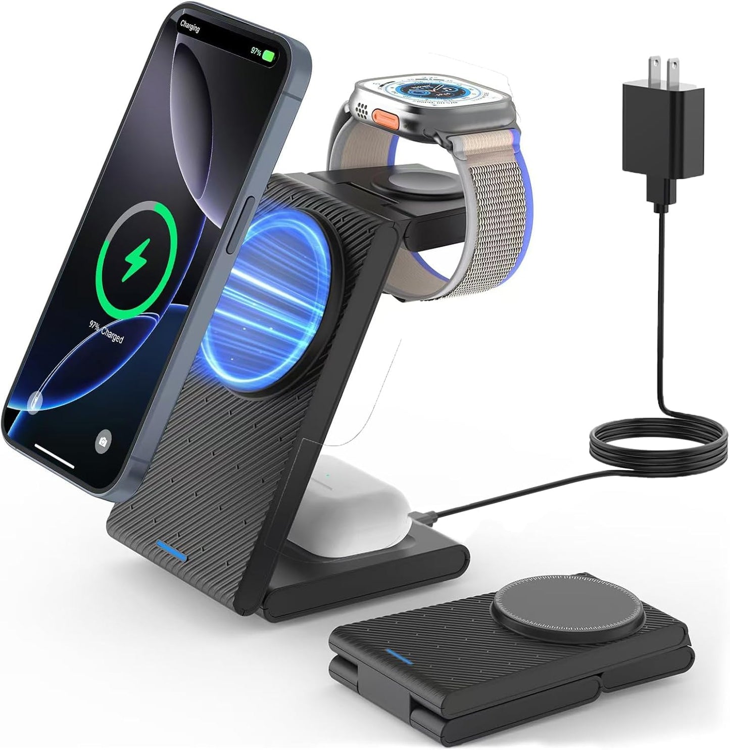Charging Station for iPhone and Apple Watch: 3 in 1 Wireless Phone Charger Stand for iPhone 17 16 15 14 13 12 11 Pro Max & AirPods, Bedside Nightstand Docking