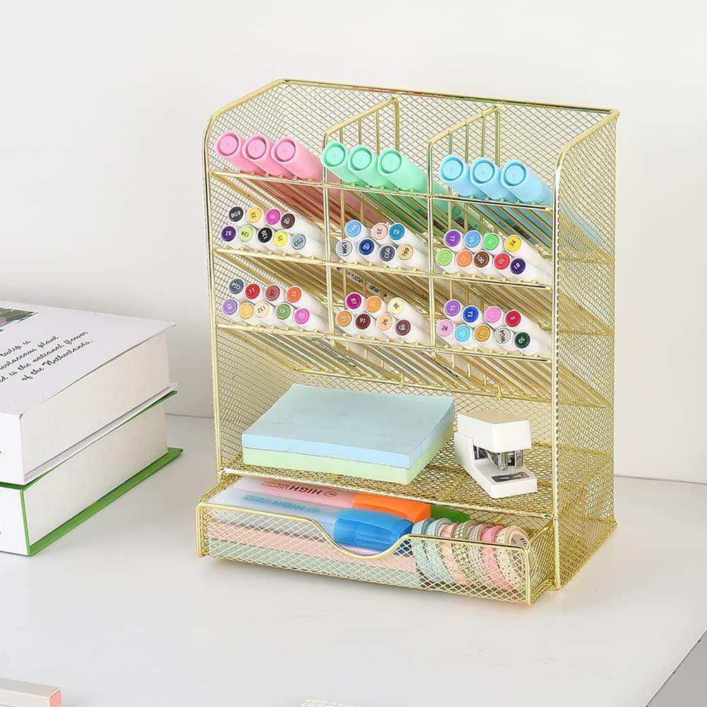 Spacrea Pen Holder Desk Organizer - Desk Organizers and Accessories, Pencil Holder with 10 Compartments and 1 Drawer（Rose Gold）
