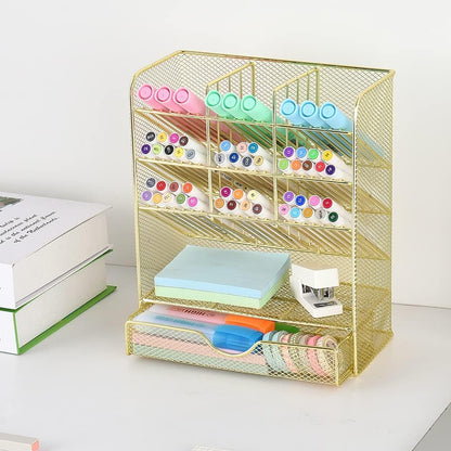 Spacrea Pen Holder Desk Organizer - Desk Organizers and Accessories, Pencil Holder with 10 Compartments and 1 Drawer（Rose Gold）