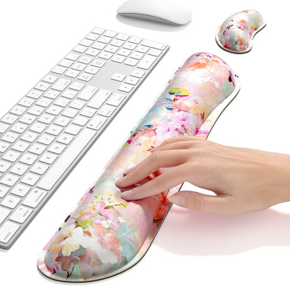 Dapesuom Enlarge Keyboard Wrist Rest, Memory Foam Wrist Cushion for Desk Mats Support, Cute Pain Relief Keyboard Mouse Pad Rests Set with Non-Slip Base for Gaming Laptop Office Computer, Green Leaf