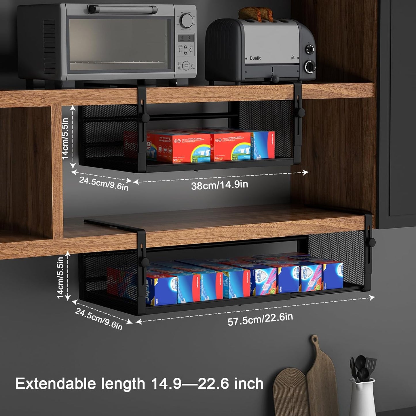 AmonHouseware 2Pack Under Shelf Basket, Adjustable Hanging Under Cabinet Shelf Storage, Hanging Holder Length Stretchable 14.9-22.6Inch for Kitchen Pantry Desk Counter Bookshelf Cupboard (Black)