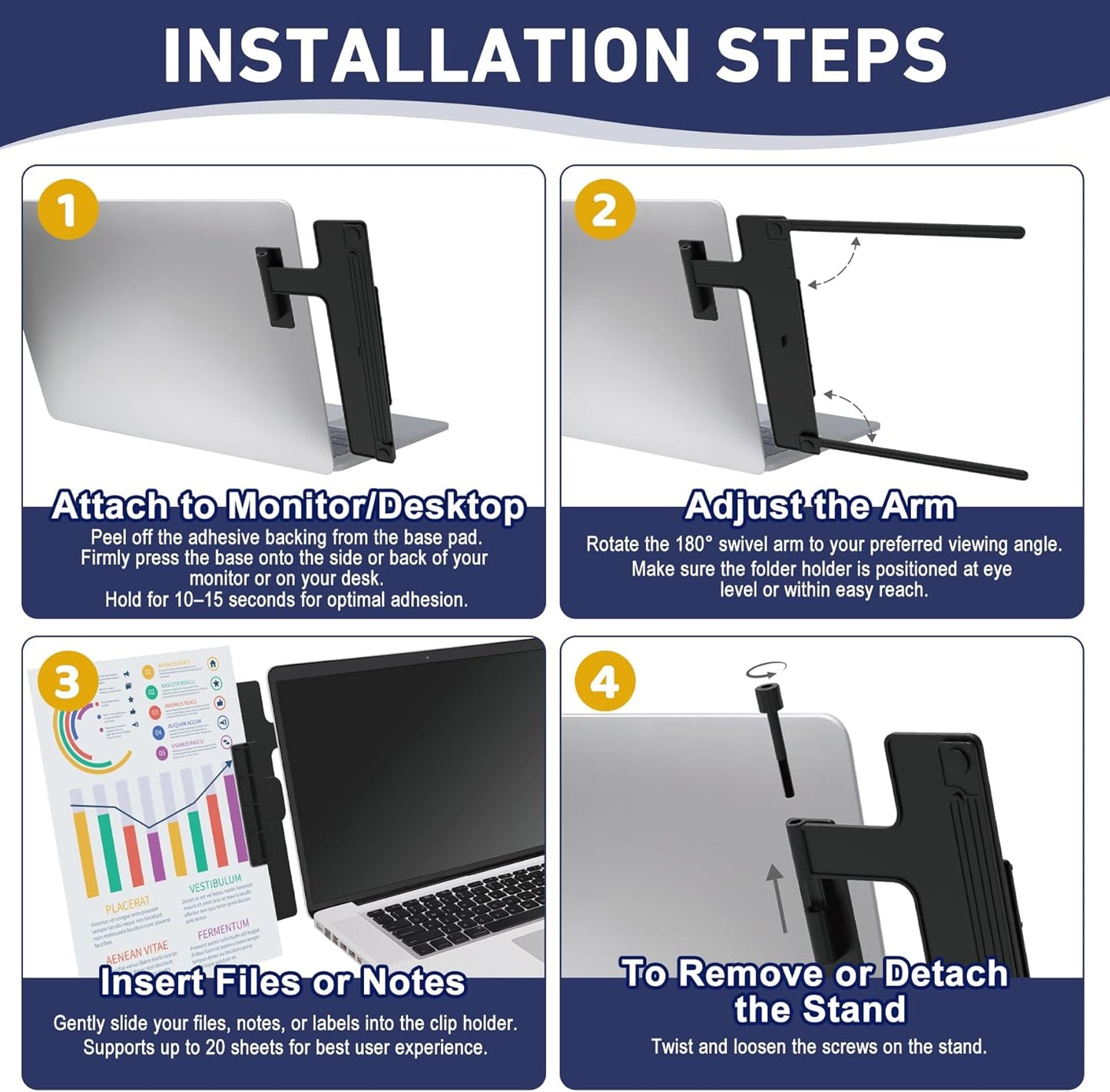 HAUTOCO Monitor Mount Document Clip, Document Holder for Typing Clips to Laptops & Monitors, Adjustable Removable Stand, Adhesive Mounts Left or Right, Holds Up to 20 Sheets for Recipes, Study, Office