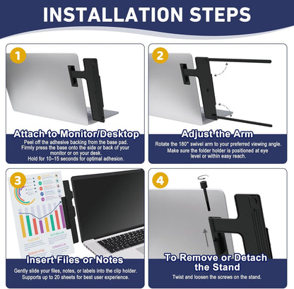 HAUTOCO Monitor Mount Document Clip, Document Holder for Typing Clips to Laptops & Monitors, Adjustable Removable Stand, Adhesive Mounts Left or Right, Holds Up to 20 Sheets for Recipes, Study, Office