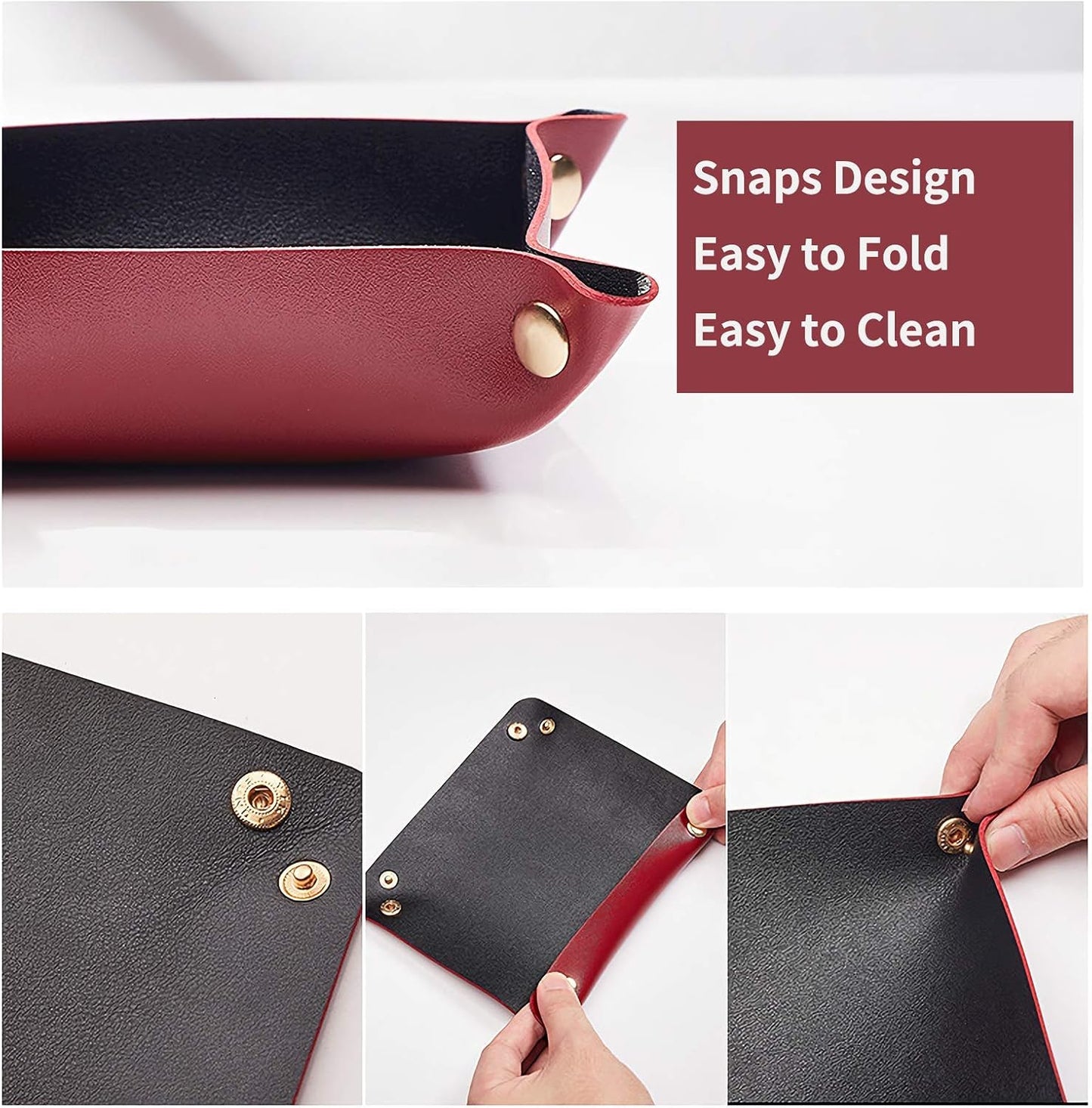 Leather Valet Tray for Men Women, Small Jewelry Catchall Tray, Deskop Nightstand Organizer, Portable Travel Key Plate for Entryway Table, Watch Candy Gifts (Red + Black)