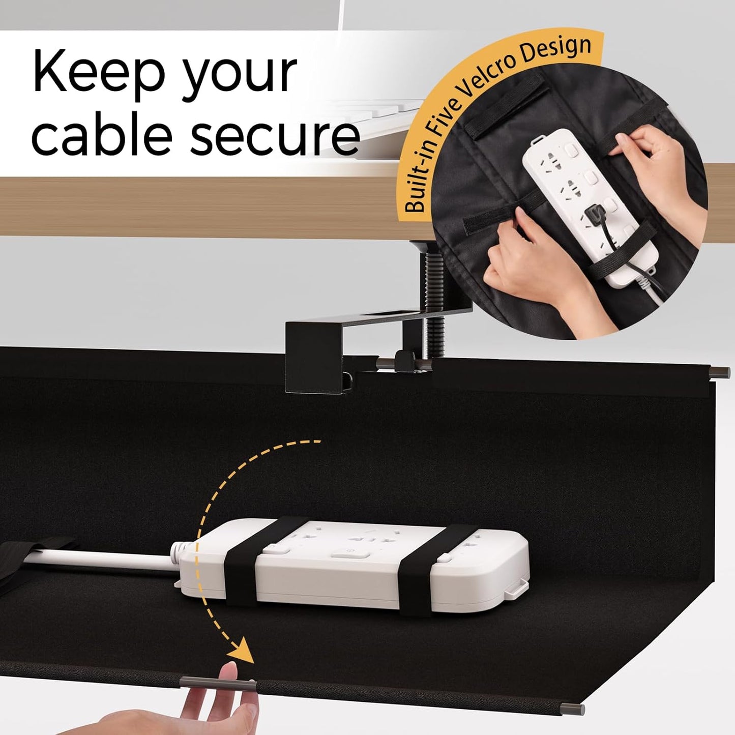 Under Desk Cable Management Tray 27.2" - No Drill Computer Wire Organizer Cable Tray, Cord Hider Clamp Mount with 16X Cable Ties PC Cables Management Cord Holder for Office/Home (Upgrade Fabric,White)