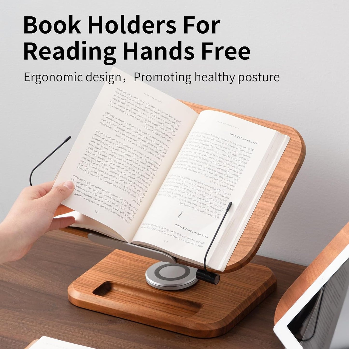Book Stand for Reading, Mayhas Adjustable Book Holder with 360° Swivel Base&Page Clips, Foldable Desktop Stand for Cookbook, Fits All Books (Walnut, Wood Base)