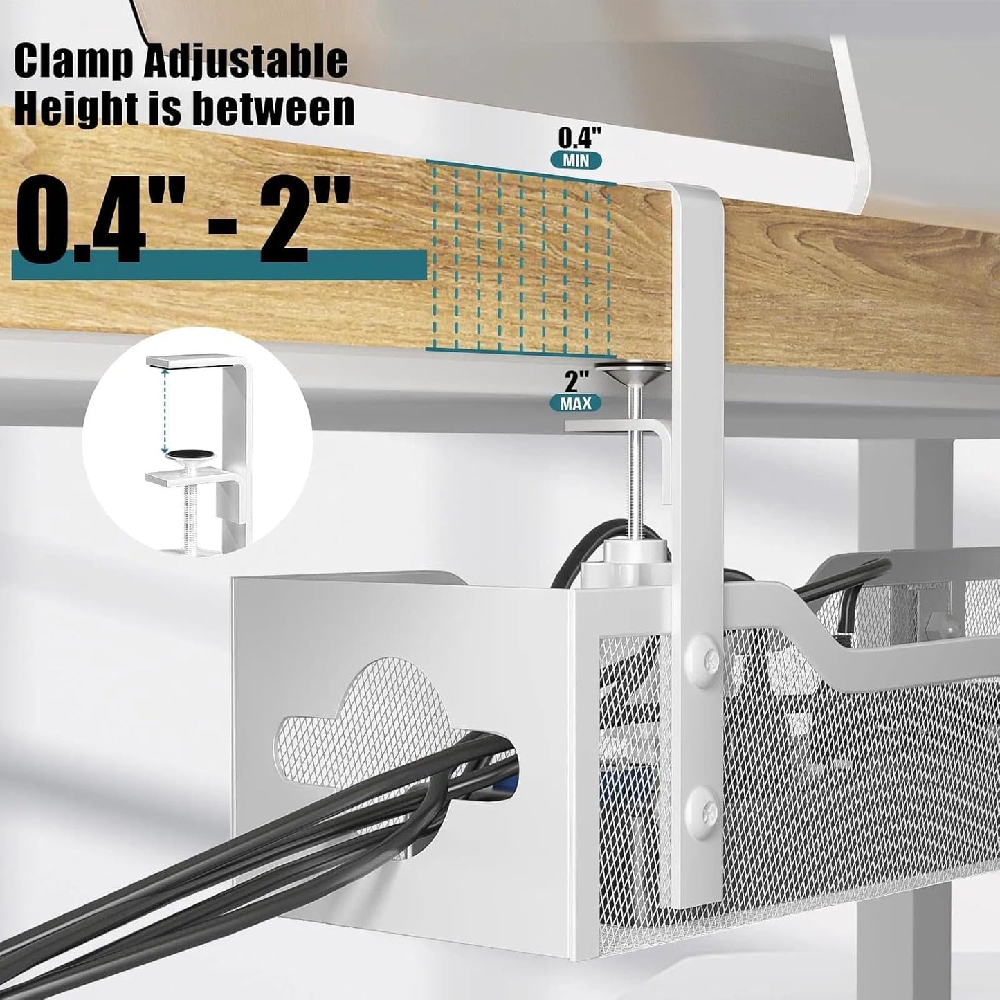 Under Desk Cable Management Tray No Drill, Metal Mesh Cable Management Under Desk with Clamp Mount, 2 Hole Cable Tray with Wire Management and Cord Organizer for Home Office Standing Desk