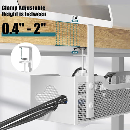Under Desk Cable Management Tray No Drill, Metal Mesh Cable Management Under Desk with Clamp Mount, 2 Hole Cable Tray with Wire Management and Cord Organizer for Home Office Standing Desk