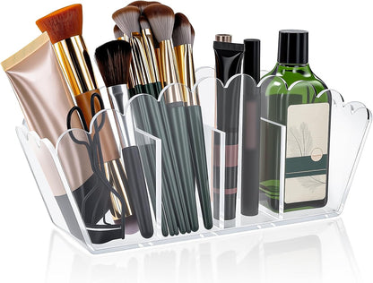 Scalloped Acrylic Pencil Holder – Clear Desk Organizer with 4 Compartments – Makeup Brush Holder & Remote Caddy for Office, Bathroom, Table – Party Accessory （4-Comp）