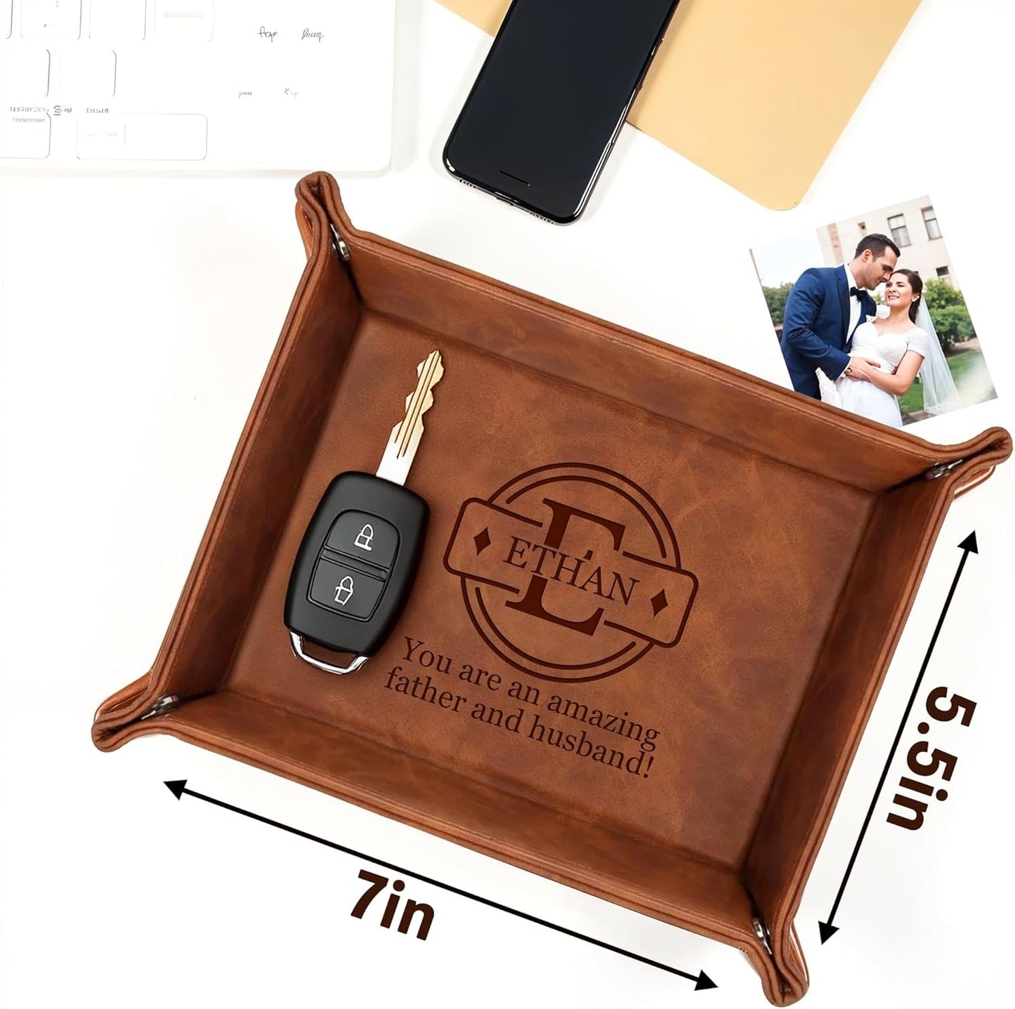 Personalized Engraved Leather Tray for Men with Engraved Name, PU Leather Valet Organizer for Dad, Custom Gift for Him, Custom Catchall Tray for Desk, Office, Accessories Travel Organizer for Men
