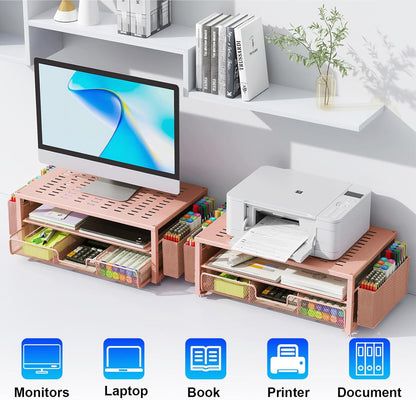 gianotter Wood Monitor Stand Riser, Office Desk Shelf Organizer, Desk Organizer with Drawer and Pen Holder, 2-Tier Computer Stand, Office Organization (Ink)